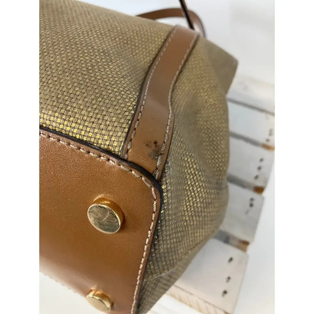 MICHAEL KORS, GOLD CANVAS, BROWN LEATHER TIM SHOULDER BAG